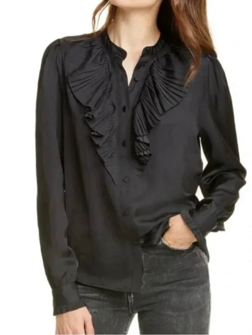 Frame Denim Black Ruffle-Front Button Down Shirt